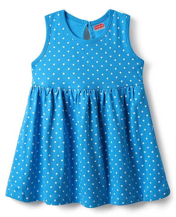 Babyhug Single Jersey Knit Sleeveless Frock With Polka Dot Print - Blue