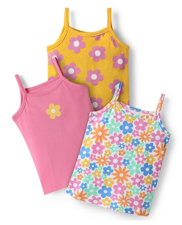 Babyhug 100% Cotton Single Jersey Knit Antibacterial Sleeveless Slips With Floral  Print Pack Of 3 - Pink Yellow & Light Blue