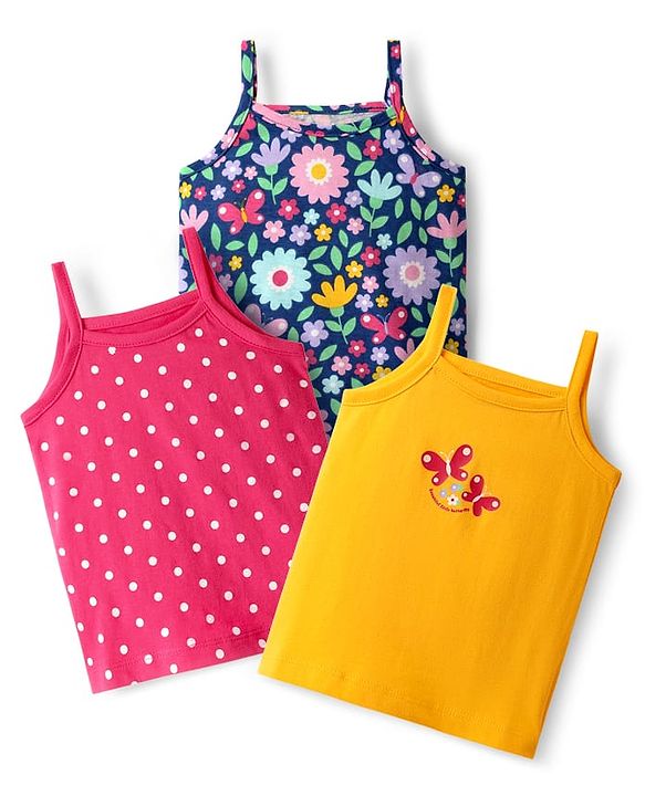 Babyhug 100% Cotton Antibacterial Slips With Polka Dots & Floral Print Pack Of 3 -Dark Pink Yellow & Navy Blue