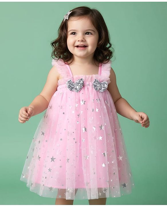 Babyhug Woven Sleeveless Party Dress With Foil Star Print & Bow Applique - Pink