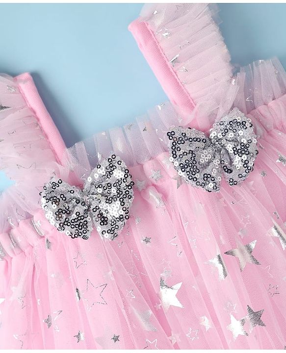Babyhug Woven Sleeveless Party Dress With Foil Star Print & Bow Applique - Pink