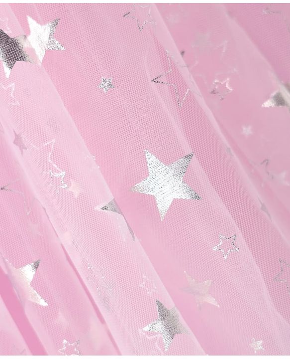 Babyhug Woven Sleeveless Party Dress With Foil Star Print & Bow Applique - Pink