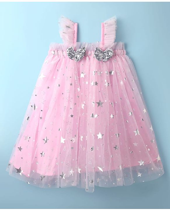 Babyhug Woven Sleeveless Party Dress With Foil Star Print & Bow Applique - Pink