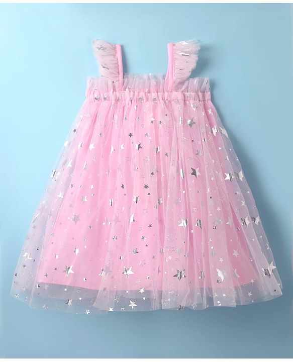 Babyhug Woven Sleeveless Party Dress With Foil Star Print & Bow Applique - Pink