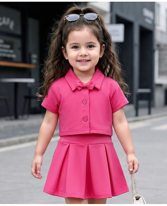 Babyhug Knit Half Sleeves Solid Color Top & Skirt Set with Bow Applique - Dark Pink