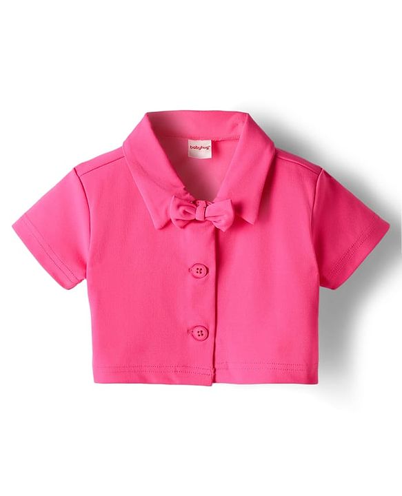 Babyhug Knit Half Sleeves Solid Color Top & Skirt Set with Bow Applique - Dark Pink