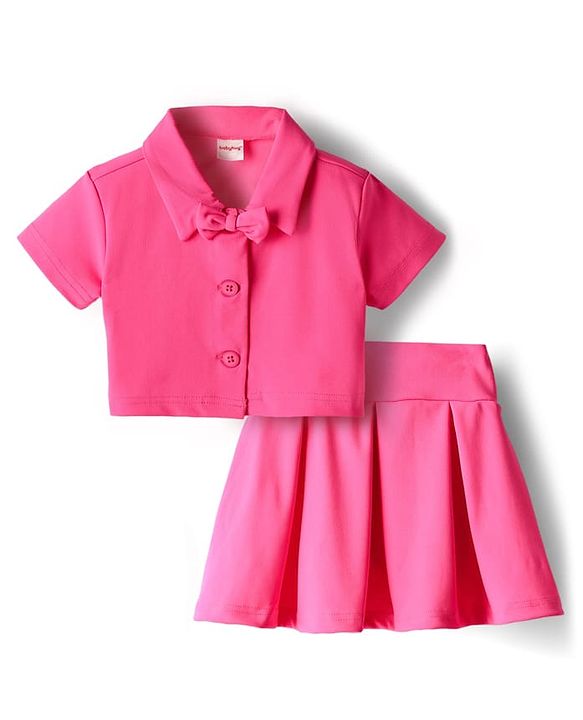 Babyhug Knit Half Sleeves Solid Color Top & Skirt Set with Bow Applique - Dark Pink