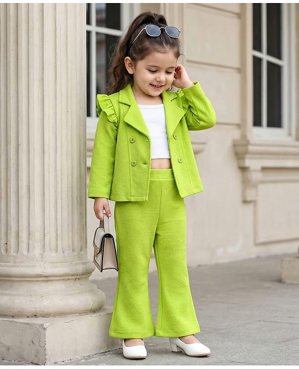 Babyhug Knit Full Sleeves 3 Piece Party Suit - Neon Green & White
