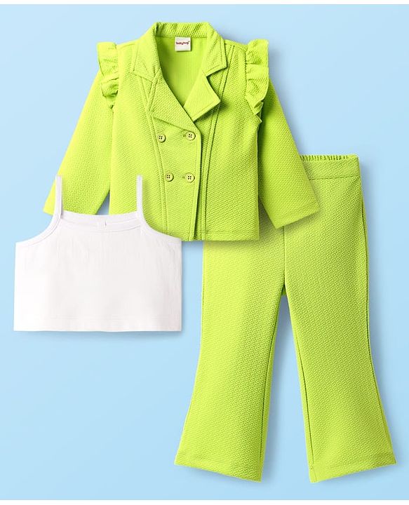 Babyhug Knit Full Sleeves 3 Piece Party Suit - Neon Green & White