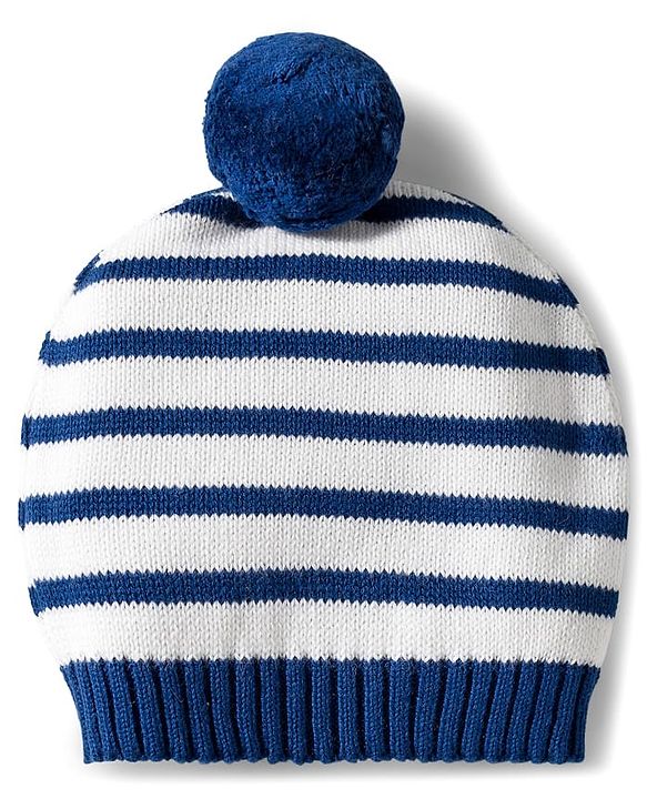Babyhug Organic Cotton Knit Full Sleeves Pullover Sweater Set With Zebra Embroidery & Cap - Navy Blue & White
