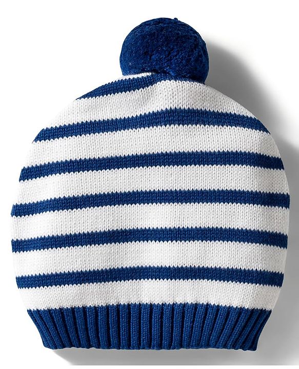 Babyhug Organic Cotton Knit Full Sleeves Pullover Sweater Set With Zebra Embroidery & Cap - Navy Blue & White