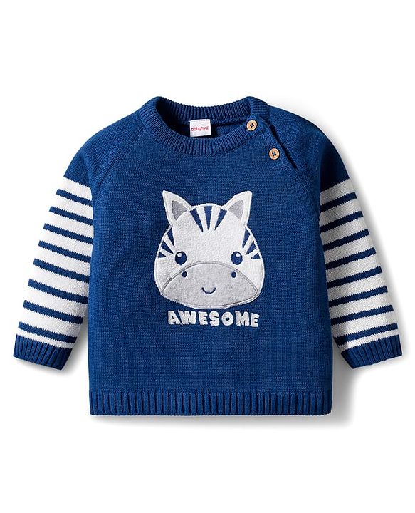 Babyhug Organic Cotton Knit Full Sleeves Pullover Sweater Set With Zebra Embroidery & Cap - Navy Blue & White