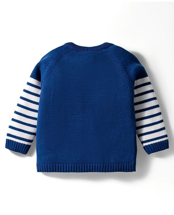 Babyhug Organic Cotton Knit Full Sleeves Pullover Sweater Set With Zebra Embroidery & Cap - Navy Blue & White