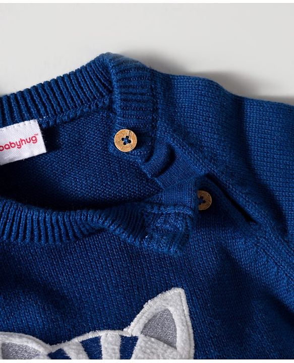Babyhug Organic Cotton Knit Full Sleeves Pullover Sweater Set With Zebra Embroidery & Cap - Navy Blue & White