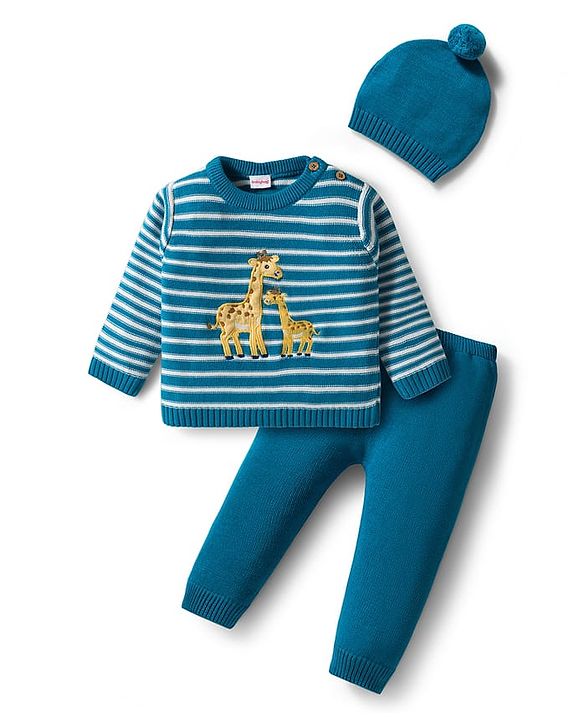Babyhug Organic Cotton Knit Full Sleeves Striped Pullover Sweater Set with Cap & Giraffe Patch Detailing - Teal Blue