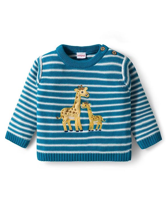 Babyhug Organic Cotton Knit Full Sleeves Striped Pullover Sweater Set with Cap & Giraffe Patch Detailing - Teal Blue