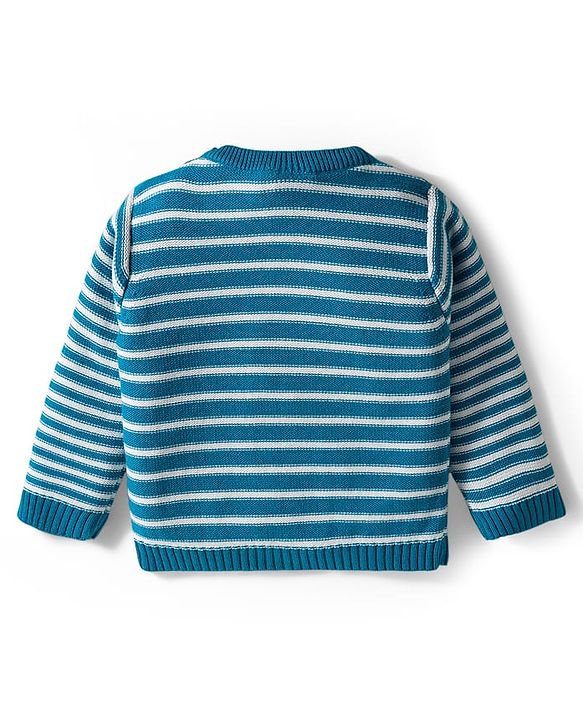 Babyhug Organic Cotton Knit Full Sleeves Striped Pullover Sweater Set with Cap & Giraffe Patch Detailing - Teal Blue