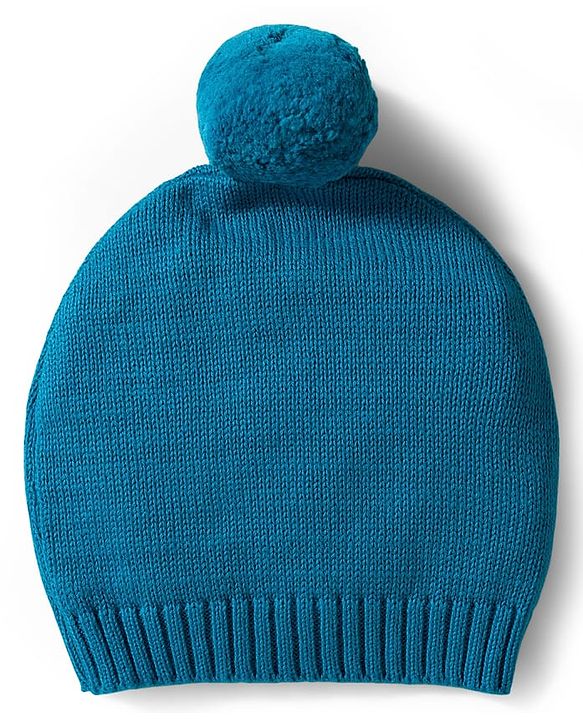 Babyhug Organic Cotton Knit Full Sleeves Striped Pullover Sweater Set with Cap & Giraffe Patch Detailing - Teal Blue