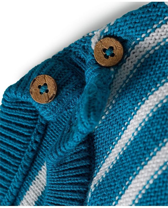Babyhug Organic Cotton Knit Full Sleeves Striped Pullover Sweater Set with Cap & Giraffe Patch Detailing - Teal Blue