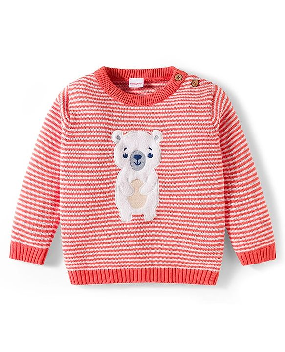 Babyhug Organic Cotton Knit Full Sleeves Striped Pullover Sweater Set with Cap & Bear Patch Detailing - Dark Peach