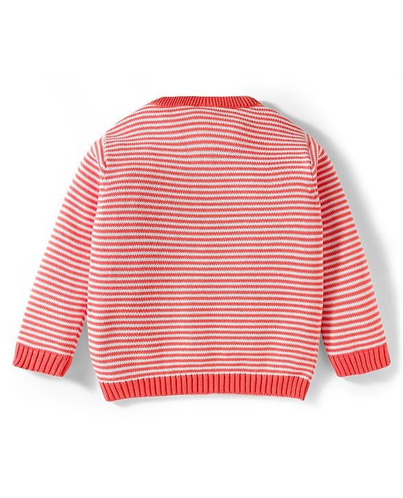 Babyhug Organic Cotton Knit Full Sleeves Striped Pullover Sweater Set with Cap & Bear Patch Detailing - Dark Peach