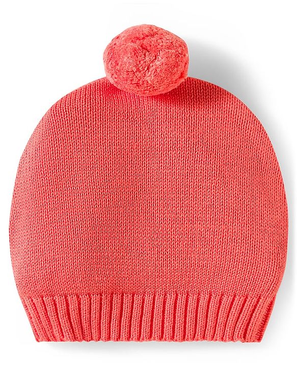 Babyhug Organic Cotton Knit Full Sleeves Striped Pullover Sweater Set with Cap & Bear Patch Detailing - Dark Peach