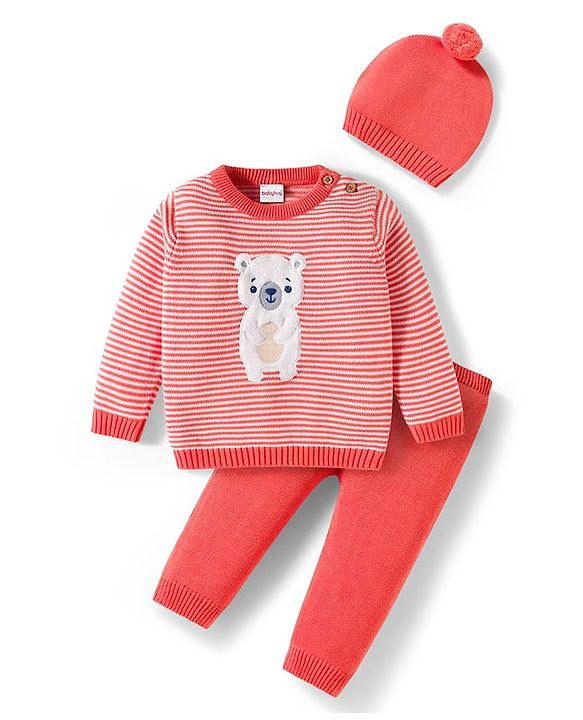 Babyhug Organic Cotton Knit Full Sleeves Striped Pullover Sweater Set with Cap & Bear Patch Detailing - Dark Peach