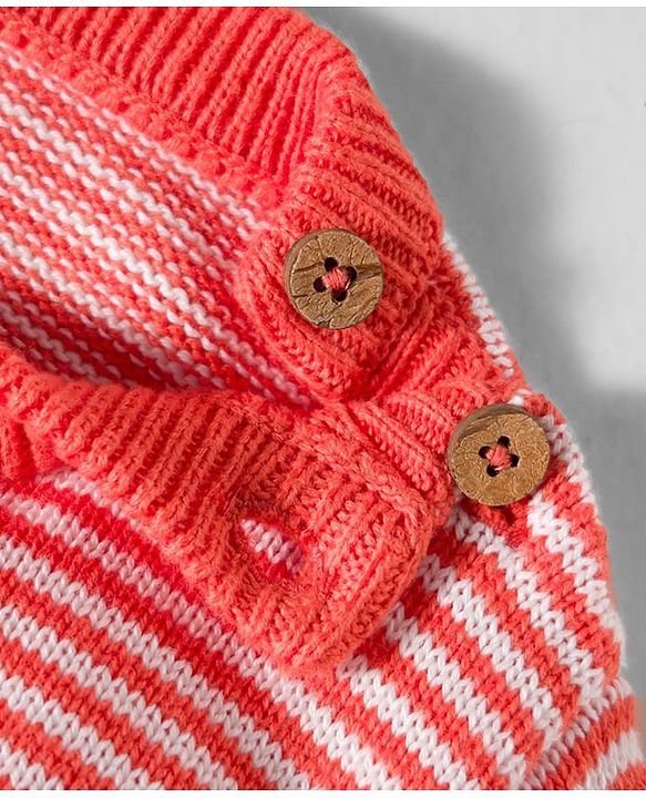 Babyhug Organic Cotton Knit Full Sleeves Striped Pullover Sweater Set with Cap & Bear Patch Detailing - Dark Peach