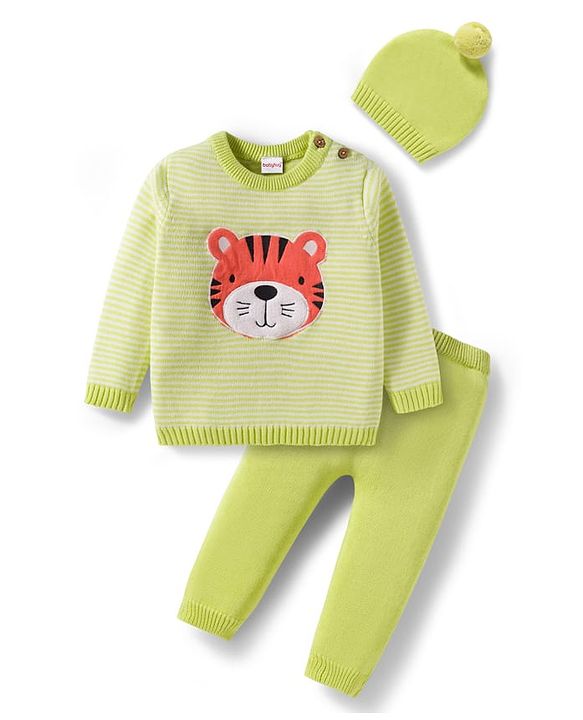 Babyhug Organic Cotton Knit Full Sleeves Striped Pullover Sweater Set with Cap & Tiger Patch Detailing - Limegreen