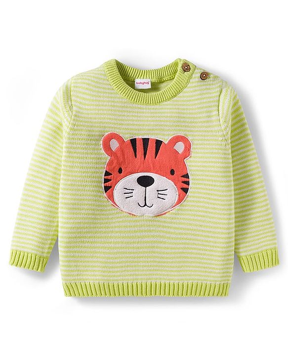 Babyhug Organic Cotton Knit Full Sleeves Striped Pullover Sweater Set with Cap & Tiger Patch Detailing - Limegreen