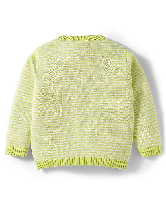 Babyhug Organic Cotton Knit Full Sleeves Striped Pullover Sweater Set with Cap & Tiger Patch Detailing - Limegreen