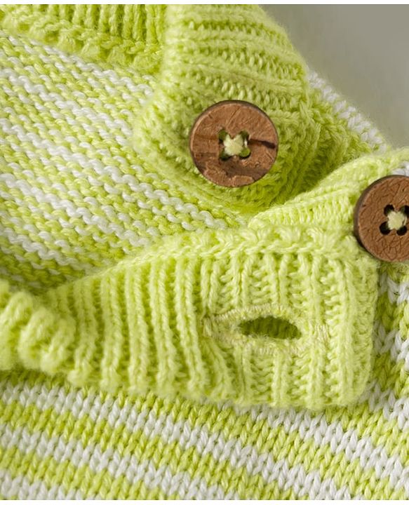 Babyhug Organic Cotton Knit Full Sleeves Striped Pullover Sweater Set with Cap & Tiger Patch Detailing - Limegreen