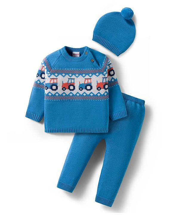 Babyhug Organic Cotton Knitted Full Raglan Sleeves Sweater Set With Tractor Design & Cap - Blue