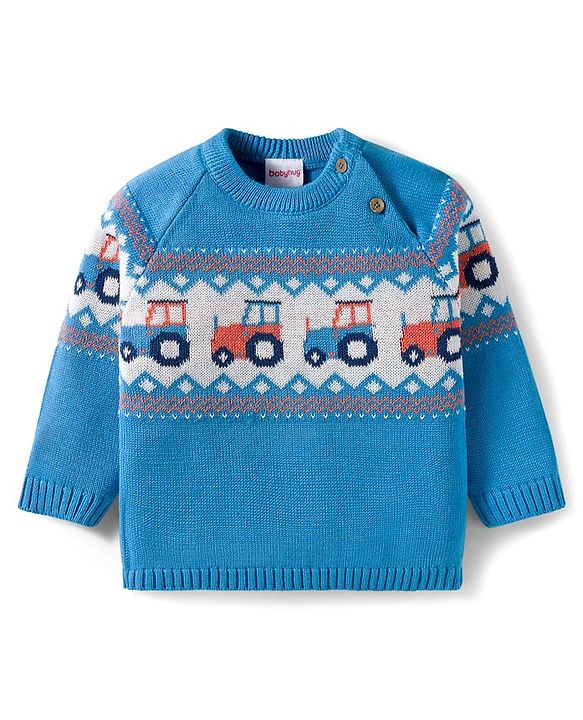 Babyhug Organic Cotton Knitted Full Raglan Sleeves Sweater Set With Tractor Design & Cap - Blue