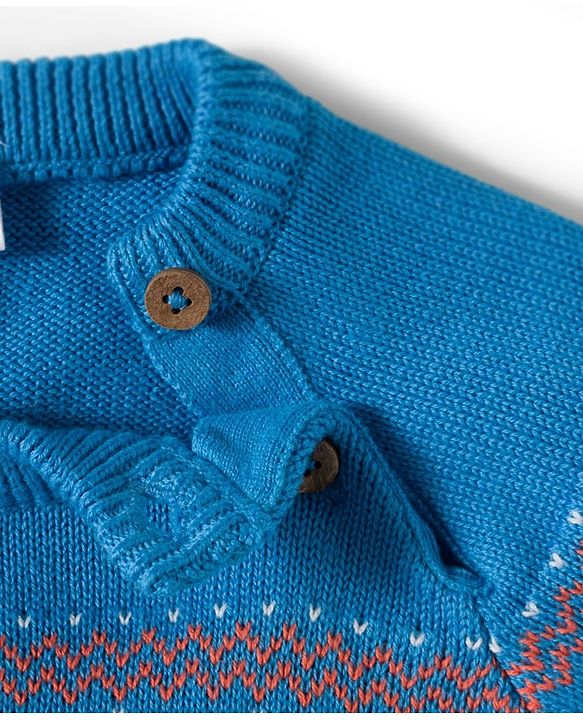 Babyhug Organic Cotton Knitted Full Raglan Sleeves Sweater Set With Tractor Design & Cap - Blue