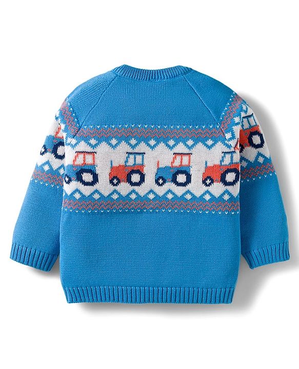Babyhug Organic Cotton Knitted Full Raglan Sleeves Sweater Set With Tractor Design & Cap - Blue