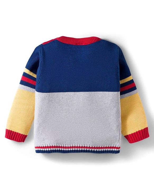 Babyhug Organic Cotton Knit Full Sleeves Sweater Set with Color Block Design Tiger Patch Pocket Detailing & Cap - Blue Yellow & Grey