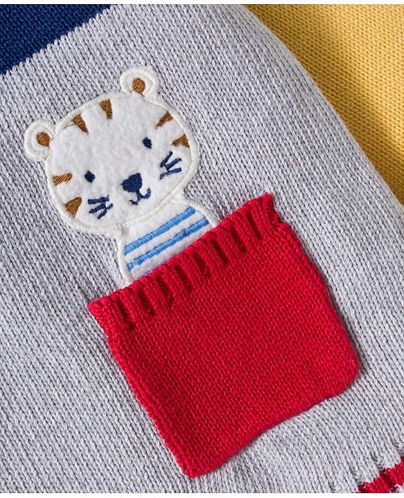 Babyhug Organic Cotton Knit Full Sleeves Sweater Set with Color Block Design Tiger Patch Pocket Detailing & Cap - Blue Yellow & Grey