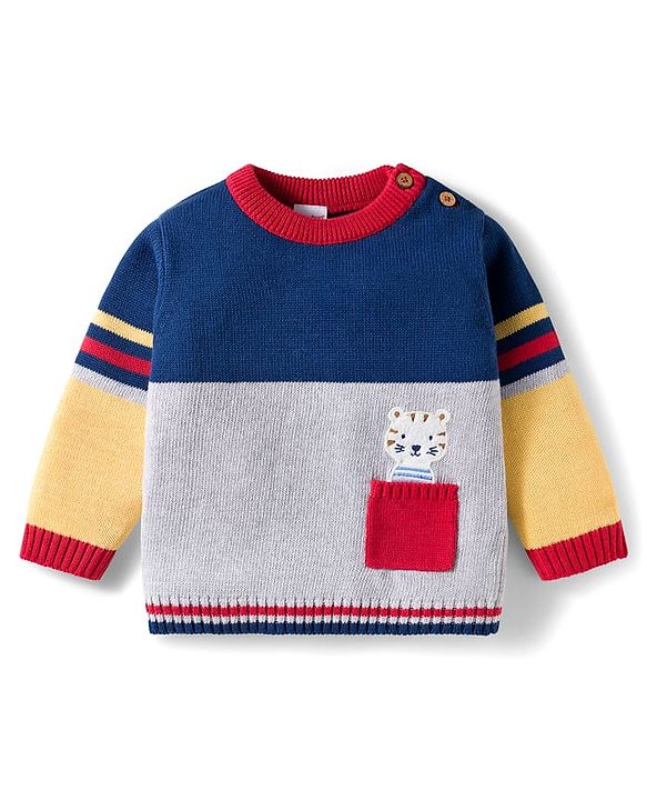 Babyhug Organic Cotton Knit Full Sleeves Sweater Set with Color Block Design Tiger Patch Pocket Detailing & Cap - Blue Yellow & Grey