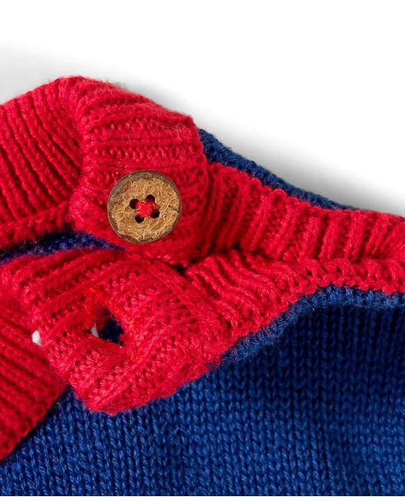 Babyhug Organic Cotton Knit Full Sleeves Sweater Set with Color Block Design Tiger Patch Pocket Detailing & Cap - Blue Yellow & Grey