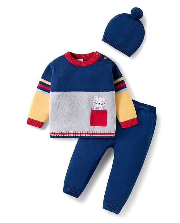 Babyhug Organic Cotton Knit Full Sleeves Sweater Set with Color Block Design Tiger Patch Pocket Detailing & Cap - Blue Yellow & Grey