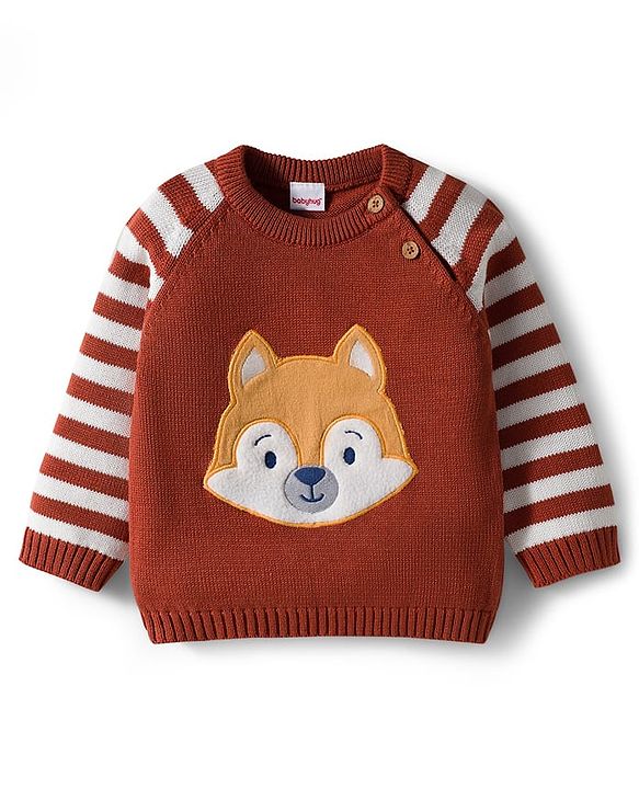 Babyhug Organic Cotton Knit Full Raglan Sleeves Striped Pullover Sweater Set with Cap & Fox Patch Detailing - Brown