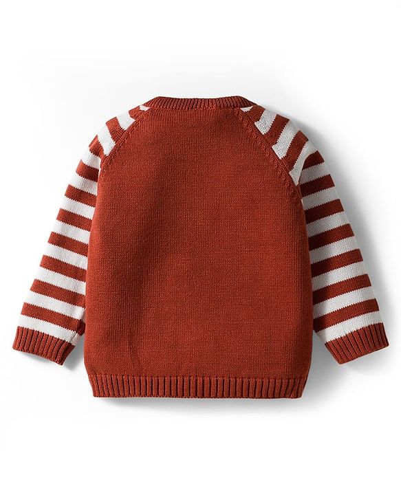 Babyhug Organic Cotton Knit Full Raglan Sleeves Striped Pullover Sweater Set with Cap & Fox Patch Detailing - Brown