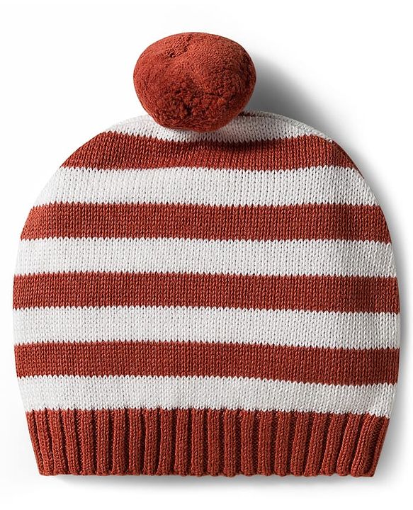 Babyhug Organic Cotton Knit Full Raglan Sleeves Striped Pullover Sweater Set with Cap & Fox Patch Detailing - Brown