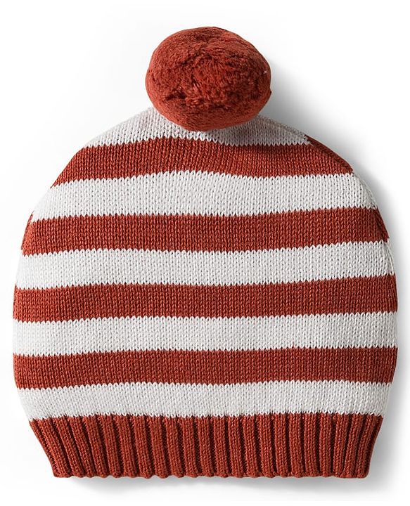 Babyhug Organic Cotton Knit Full Raglan Sleeves Striped Pullover Sweater Set with Cap & Fox Patch Detailing - Brown