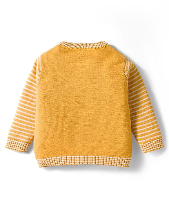 Babyhug Organic Cotton Knitted Full Sleeves Striped Pullover Sweater Set With Dog Embroidery - Yellow