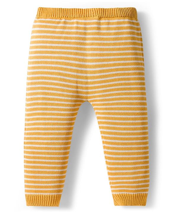 Babyhug Organic Cotton Knitted Full Sleeves Striped Pullover Sweater Set With Dog Embroidery - Yellow