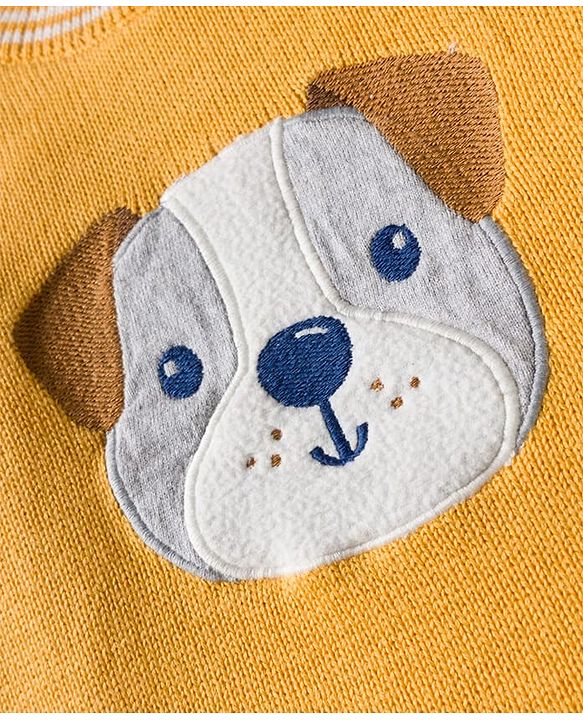 Babyhug Organic Cotton Knitted Full Sleeves Striped Pullover Sweater Set With Dog Embroidery - Yellow