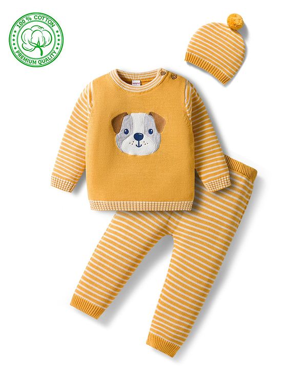 Babyhug Organic Cotton Knitted Full Sleeves Striped Pullover Sweater Set With Dog Embroidery - Yellow