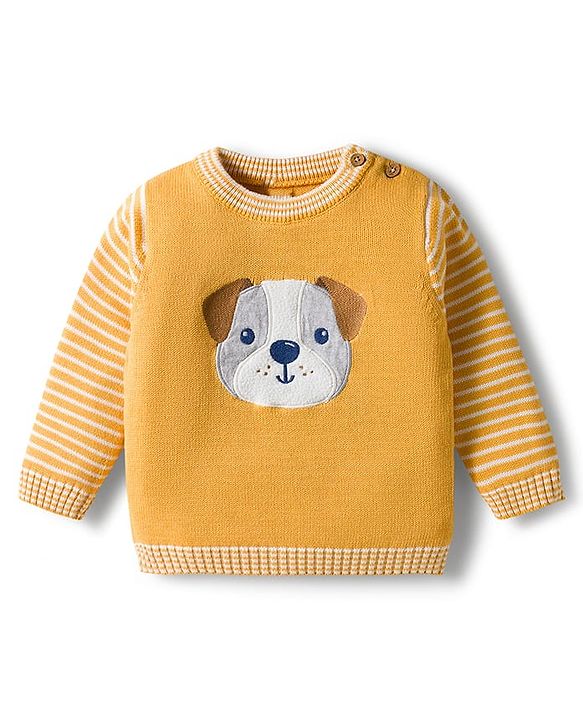 Babyhug Organic Cotton Knitted Full Sleeves Striped Pullover Sweater Set With Dog Embroidery - Yellow